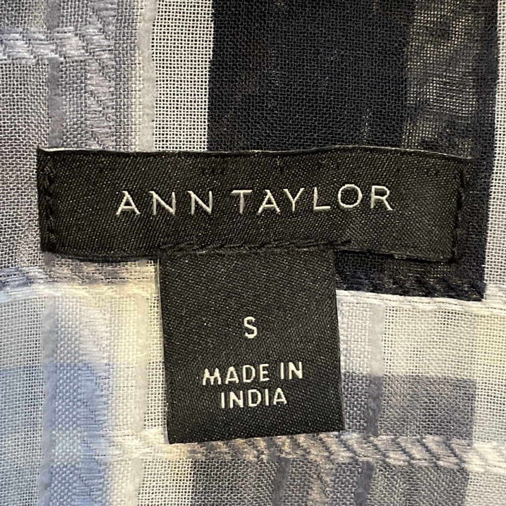 Ann Taylor Sheer Blouse Small Blue Plaid Tie Neck Long Sleeve Office Workwear - Picture 13 of 16